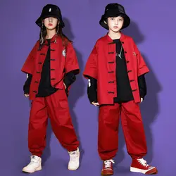 Kind Chinese Traditie Wijn Rood Rood Kung Fu Tang Pak Shirt Casual Jogger Broek Voor Meisje Jongen Hiphop Jazz Dans Kostuum Kleding
