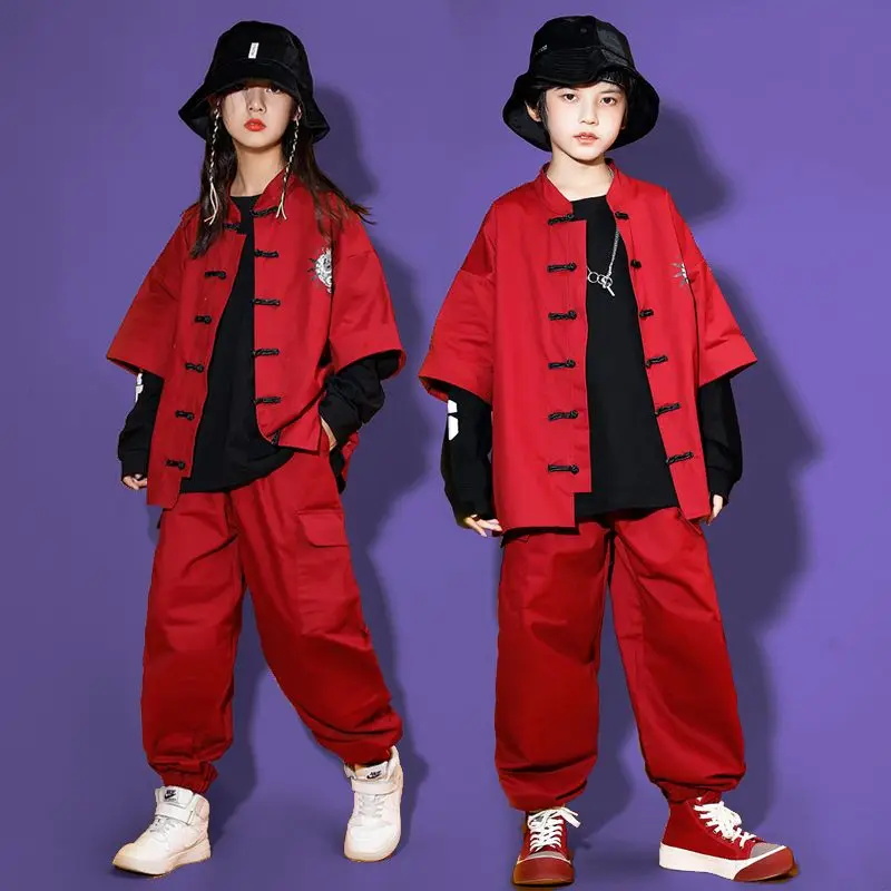 Kid Chinese Tradition Wine Red Red Kung Fu Tang Suit Shirt Casual Jogger Pants for Girl Boy Hip Hop Jazz Dance Costume Clothes