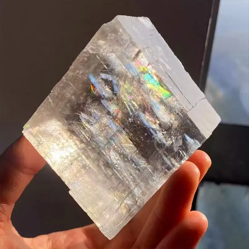 Natural crystal rainbow calcite block decoration white crystal ice SPAR burst color calcite raw mineral specimen