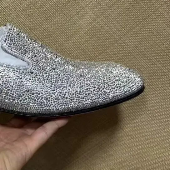 Luxury Oxford Men's Silver Rhinestone Leather Loafers Formal Casual Business Slip On Dress Shoes Red Bottom Wedding Plus Size