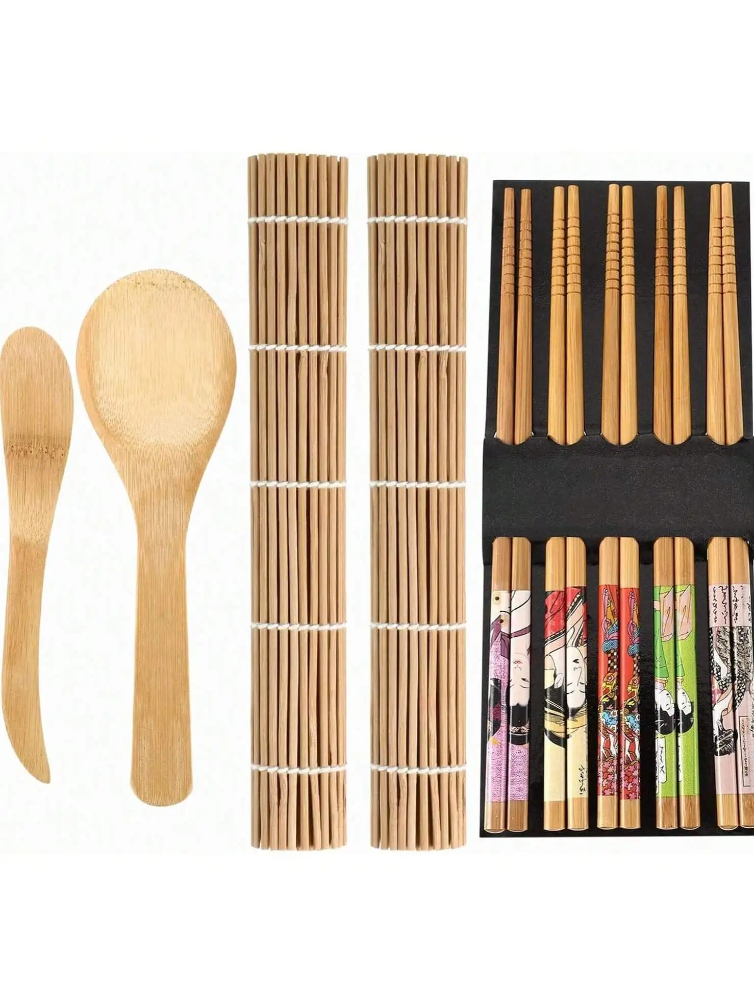 Sushi Making Kit – 9-Piece Starter Set: Sushi Rolling Mat, Bamboo Mat, Step Mat, Training Chopsticks, Rice Paddle, Spreader