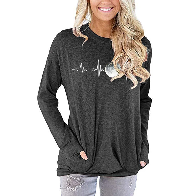 

Women Heartbeat Line Moon Print Casual Long Sleeve Tee Shirt Ladies Sweatshirts Trendy Round Neck Plus Size Solid Color Pullover