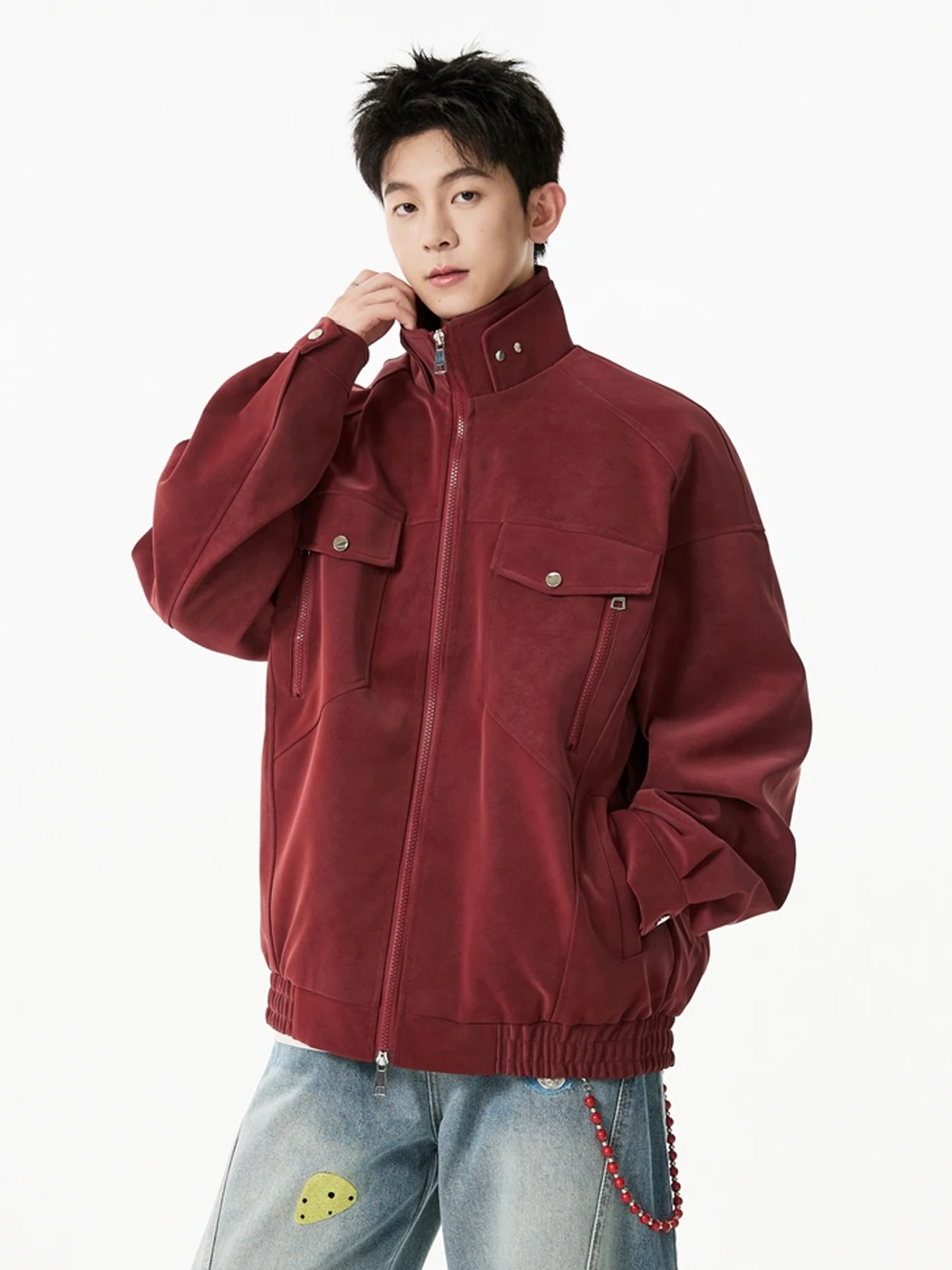 

Red Wine Color American Retro Stand Collar Workwear Jaet Men's Autumn Cleanfit High-End Sense Cool PU Leather Coat