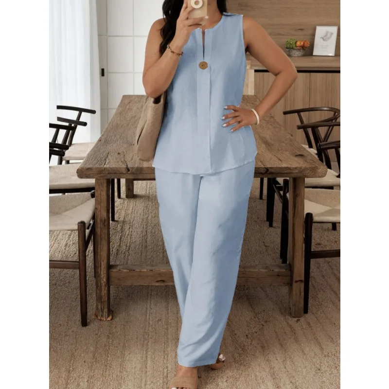 

Women Casual Linen 2 Piece Outfit Sleeveless Button Top Wide Leg Pants Matching Set