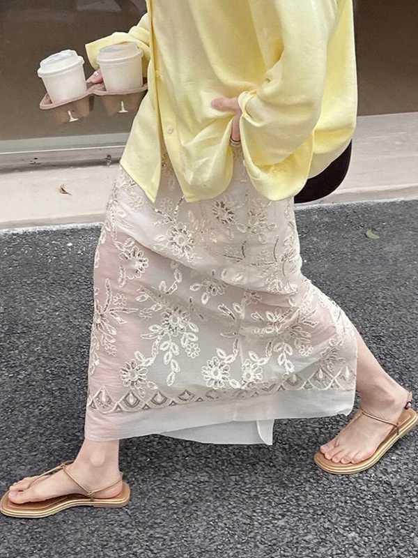 

Юбка трапециевидной формы с высокой талией и вышивкой для женщин, летняя дизайнерская юбка для поездок на работу, уникальная тяжелая вышивка с разрезом Ba