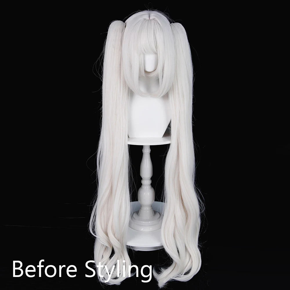 Short Straight White Synthetic Wigs with Bangs Long Double Ponytail Clip Anime Game Cosplay Fluffy Wig for Daily Party view 3