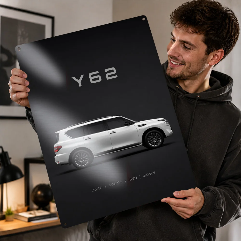 Japan Y62 White Off-Road Car Printed Poster Customized Metal Sign Rugged Terrain Tribute Wall Art For Home Office And Man Cave