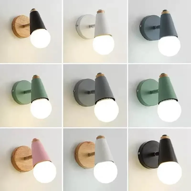 Modern Macaron Wall Lamp Iron Wood Mirror Light Bedside Bedroom Indoor Lighting E27 Light Bulb Retro LED Wall Light Nordic