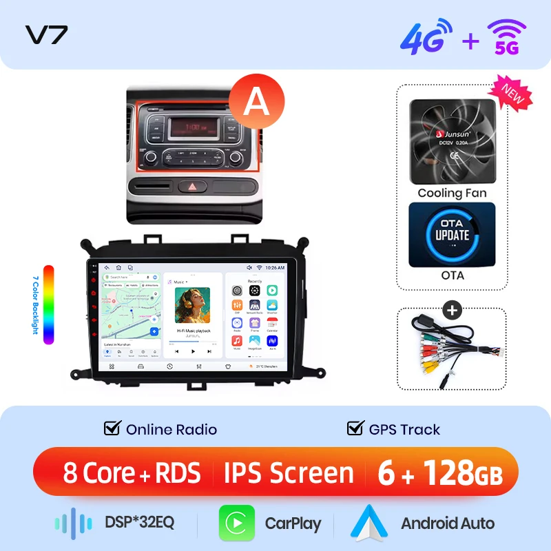 Junsun draadloze CarPlay Android Auto autoradio voor Kia Carens Mk4 (RP) 2013-2019 met ingebouwde koelventilator, Android GPS navigatie, multimediaspeler, WiFi, DSP, RDS, BT, SWC, IPS touchscreen,