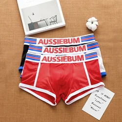 AUSSIEBUM solid-color men's flat-angle panties sexy mesh hole hip breathable ice silk fashion comfortable tide flat-angle pants