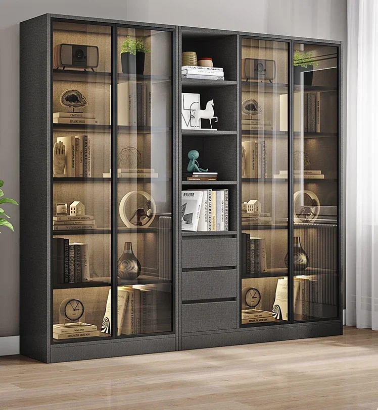 

Light luxury glass door bookshelf Nordic minimalist modern display bookshelf living room whole wall solid wood storage