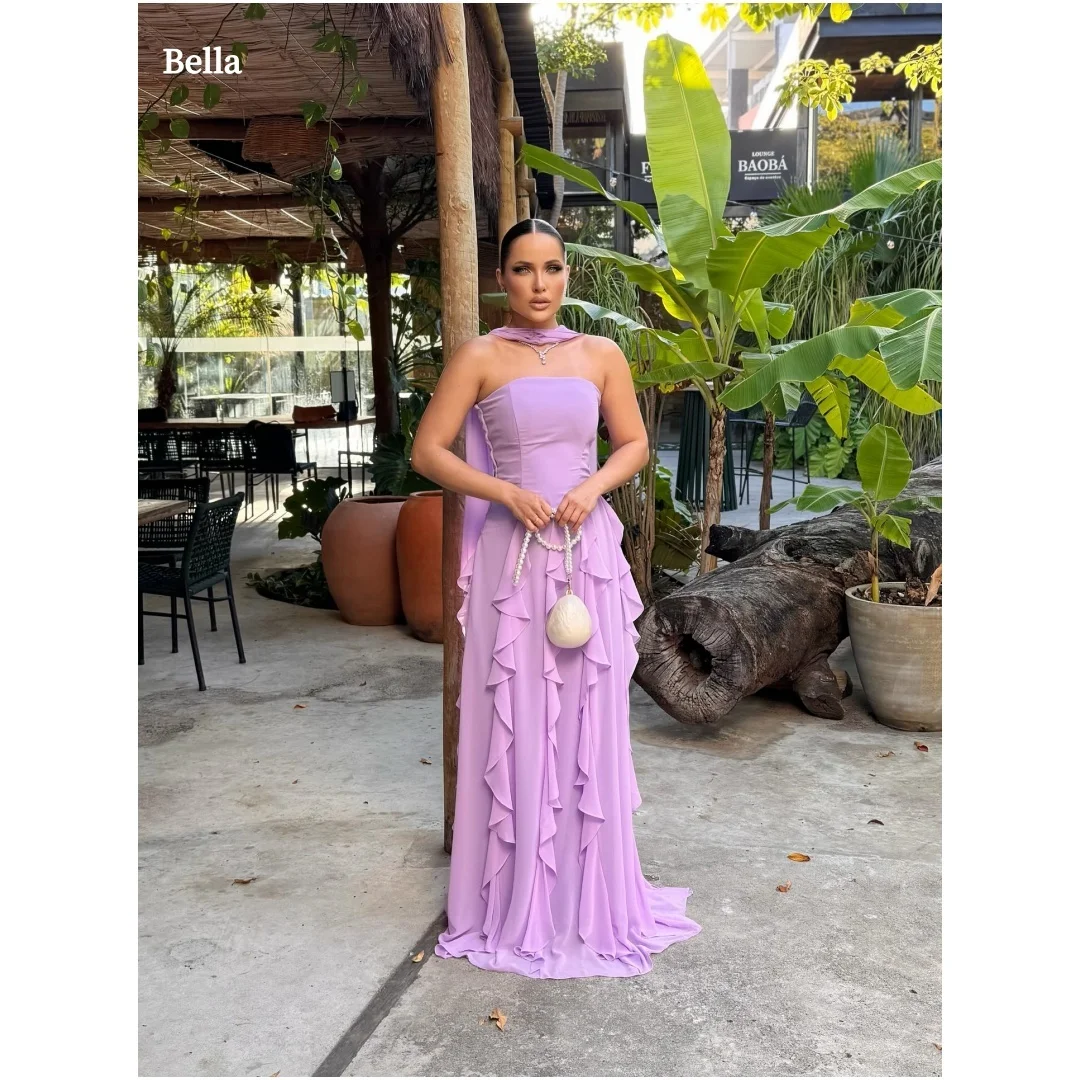 

Bella Customized Lavender Strapless Prom Dress with Matching Neck Scarf, Ruffle Detail and Flowing Skirt with Train Party Dress