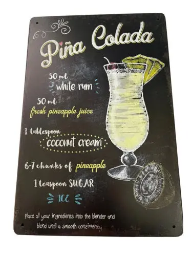 Коктейльный бар Человек Пещера Клуб Паб Ресторан Гараж Знак Pina Colada Tin 30x20см-Алюминий