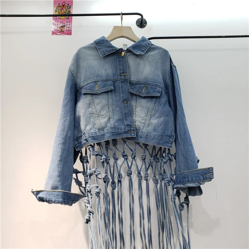 Spring Women Vintage Blue Short Denim Coat Back Cowboy Tassel Hollow Out Design Loose Streetwear Lapel Long Sleeve Jeans Jacket - Image 5