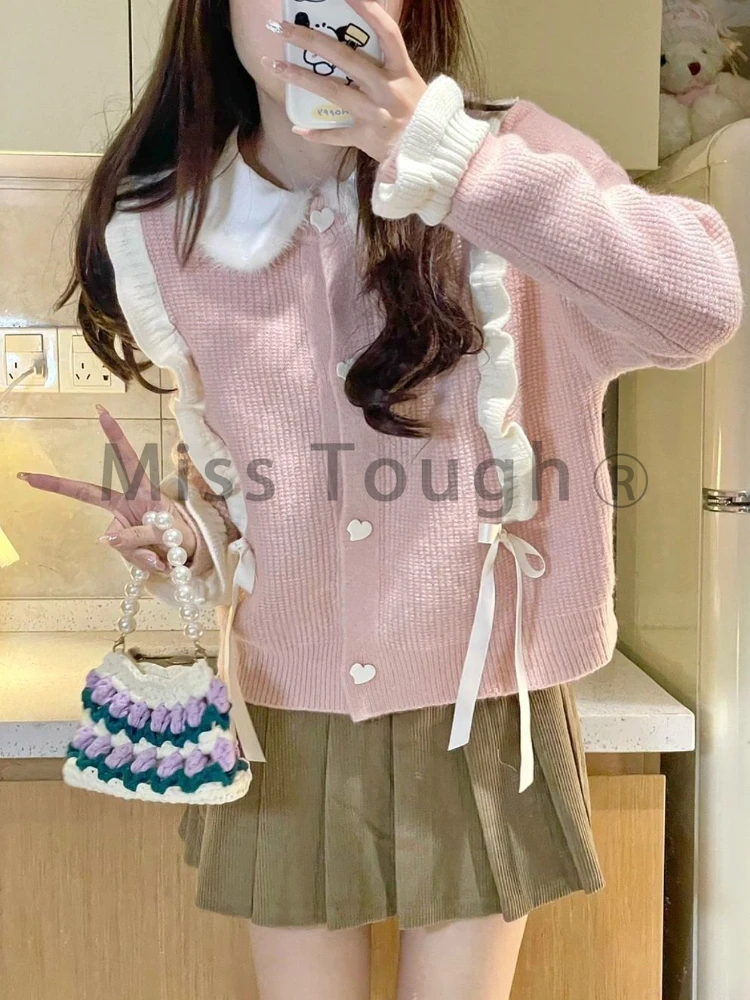 Pink Japanese Kawaii Two Piece Set Women Preppy Style Bow Sweet Skirt Suit Female Knit Cute Cardigan ＋ Brown Elegant Mini Skirt