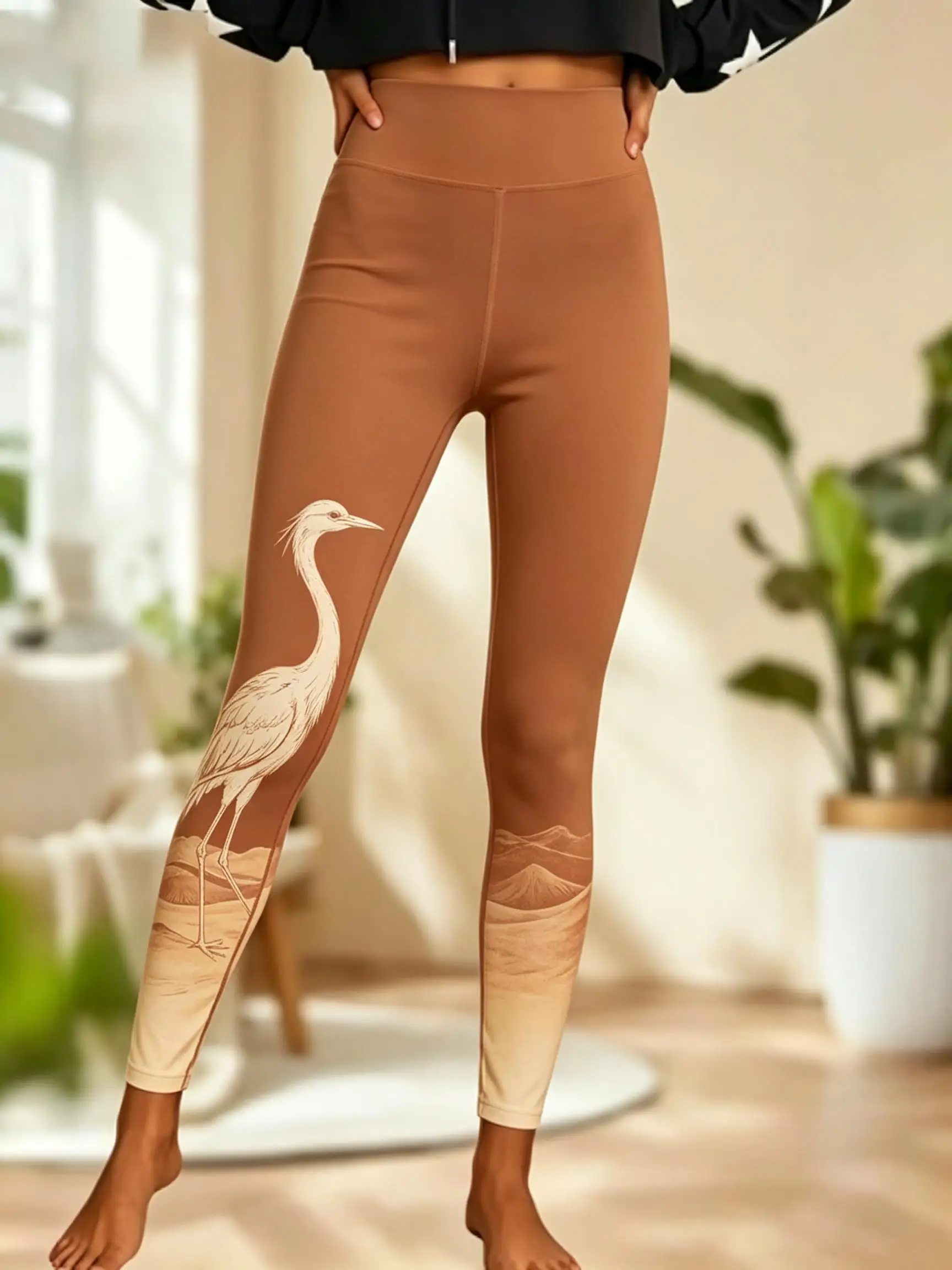 Women Fleece‑lined Mid‑rise Leggings Oriental Crane Heron Mountain Water Wave Side‑leg Print Slim Stretch Winter Casual Pants