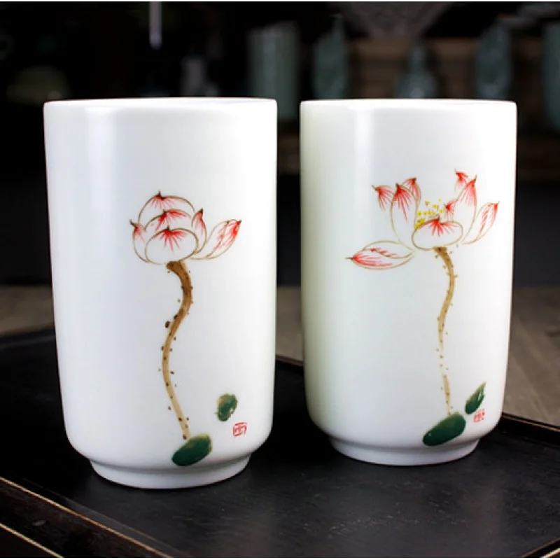 ★Jingdezhen Ceramic Cup Classic Traditional Hand Painted Lotus Matte White Tumbler Hand-Held Milk Cup High Temperature Fat White