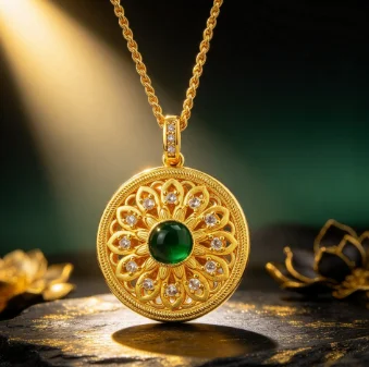 Hollow-out point diamond greenstone sunflower pendant women retro style delicate 9999gold