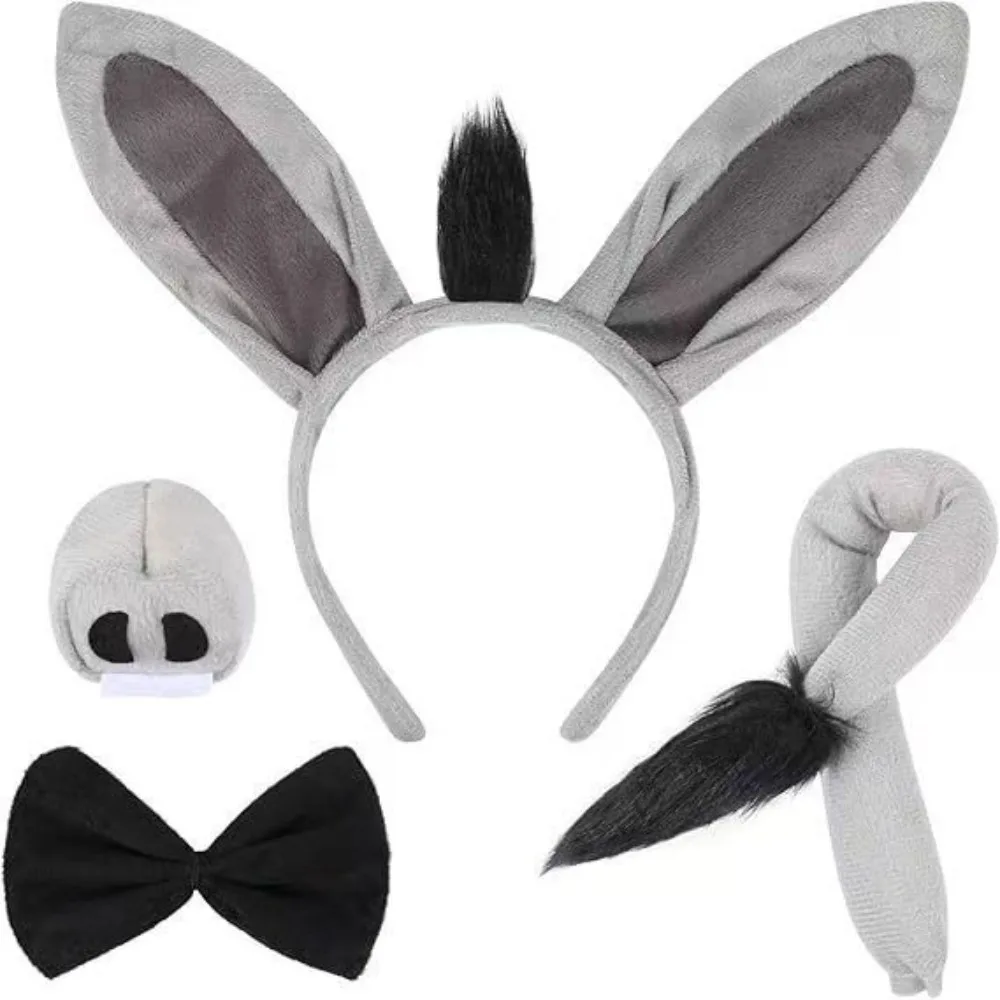 

4PCS Fashion Funny Donkey Costume Set Bow Tie Tail Nose Donkey Headband Animal Cosplay Dress Up Party