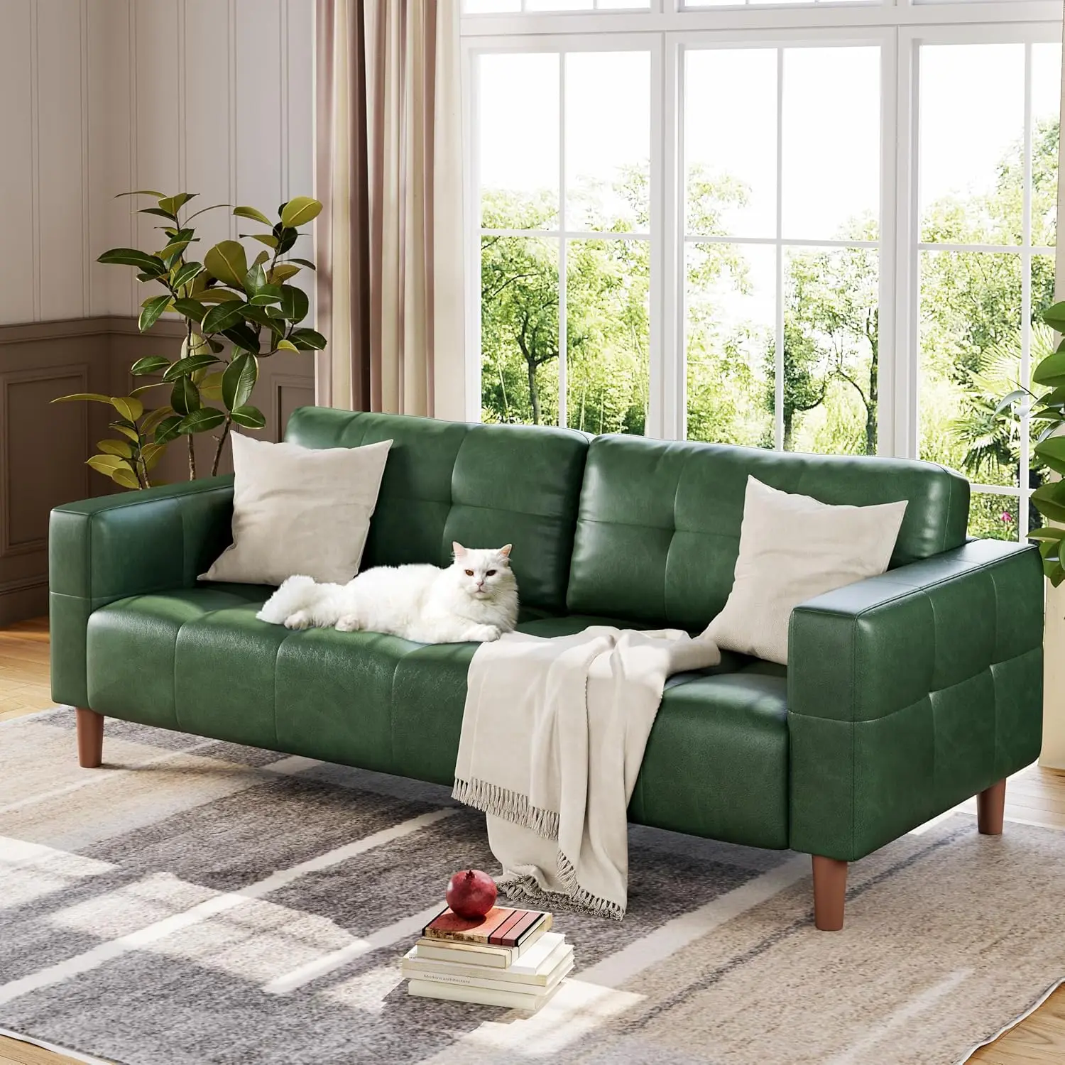 

3-Seater Faux Leather Sofa, 83' Wide, Spring Cushion, Deep Seats, 2 Removable Back Cushions, Green