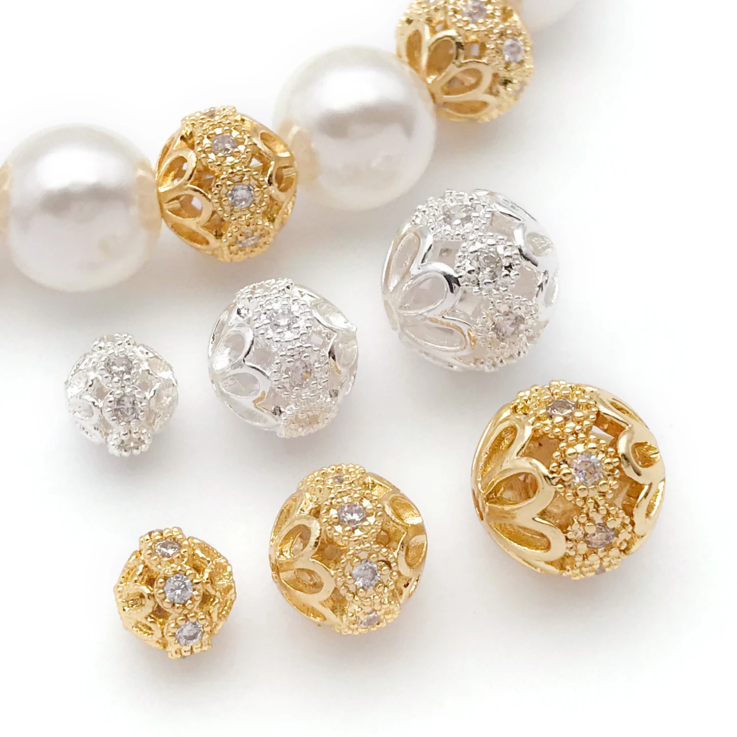 5pcs 18K Real Gold Plated Brass with Zircon Round Beads Hollow Spacer Beads For DIY Bracelet Necklace Jewelry Making Accessory