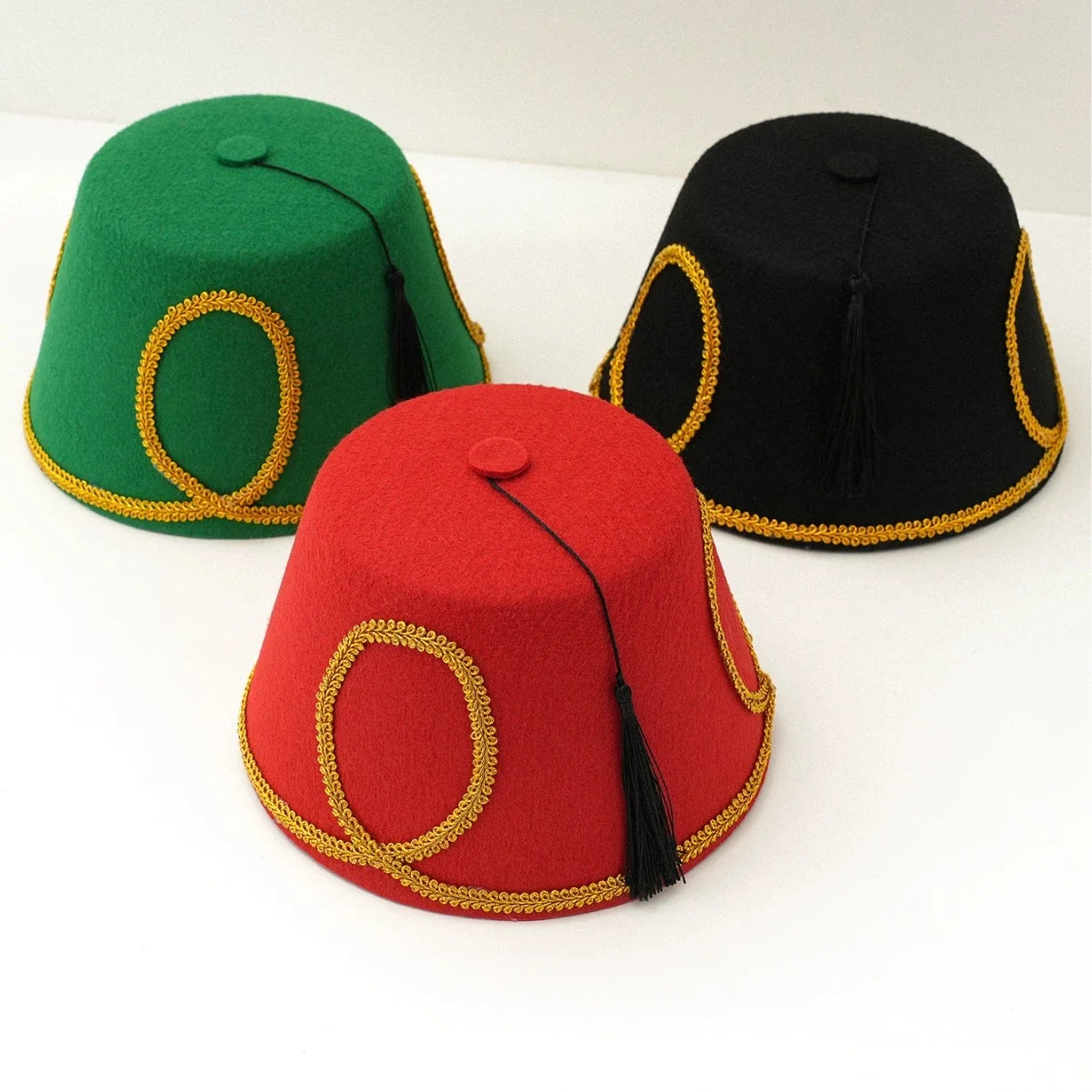 Men's Fashionable Turkish Hat with Black Tassels and Gold Leaf Accents—Perfect for Events, Parties, and Equestrian Wear