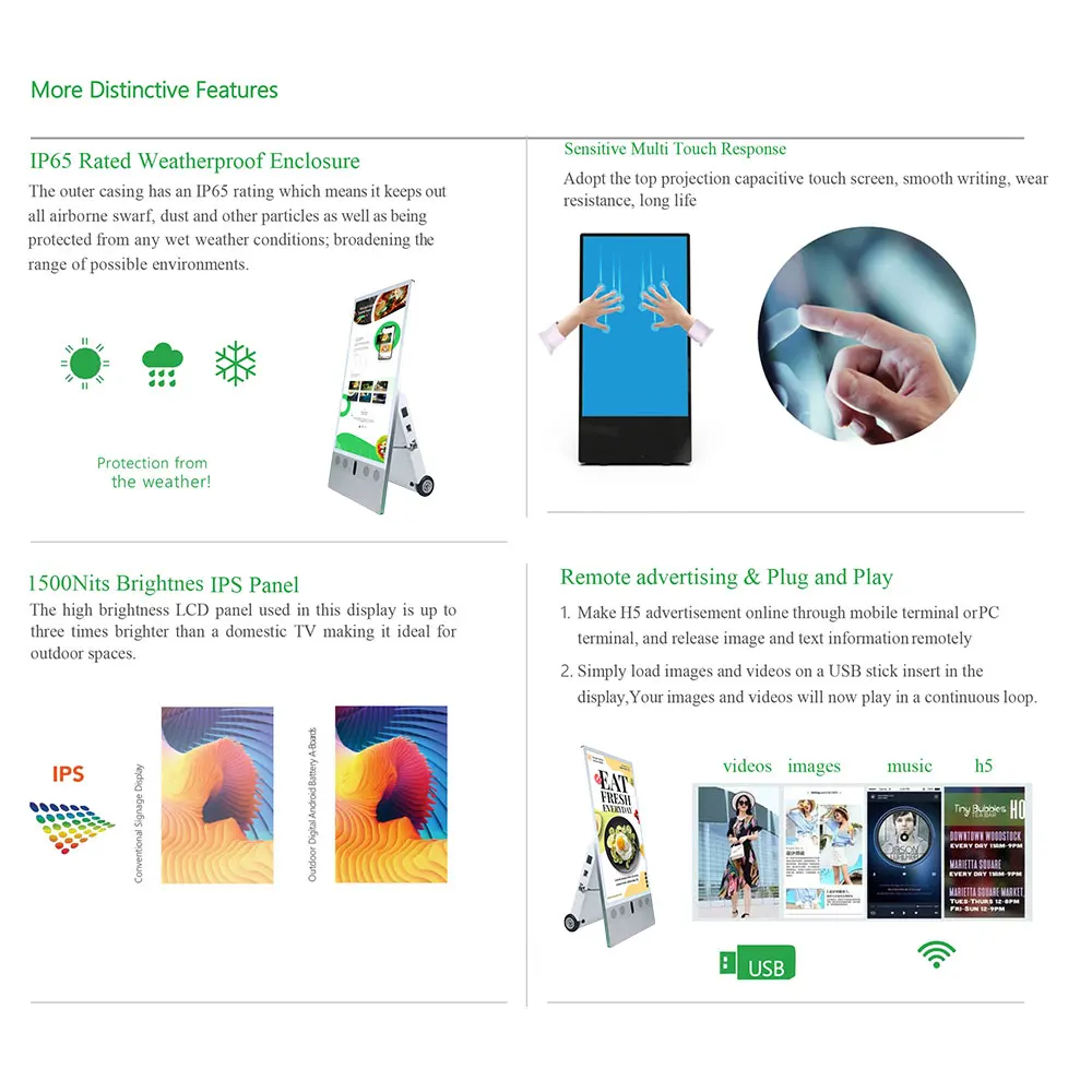 VETO في الهواء الطلق 32 43 55 بوصة ملصق رقمي مقاوم للماء IP65 سطوع عالية بطارية تعمل بالطاقة شحن لافتات رقمية محمولة