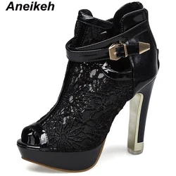 Aneikeh 2024 Summer New Lace up Ankle Boots Women's Open Toe Zipper Button High Heels Party Chelsea Boots Black  White 35-42