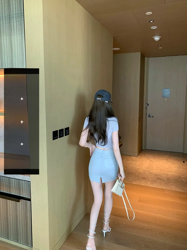 

High Waist Bla Denim Skirt Women's Summer Slimming ort Skirt Split Commute Sle Pure Color Cotton Blend Skirt