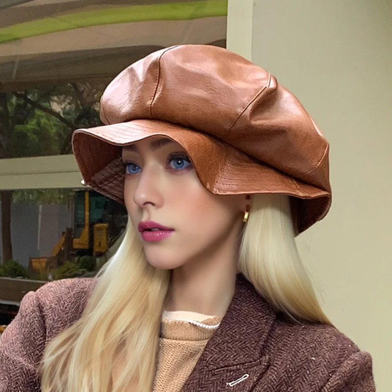 Faux Leather Style-Dominant Cloud-Shaped Eight-Pointed Cap Women Autumn Winter Outings Make Face Look Smaller Artist Hat