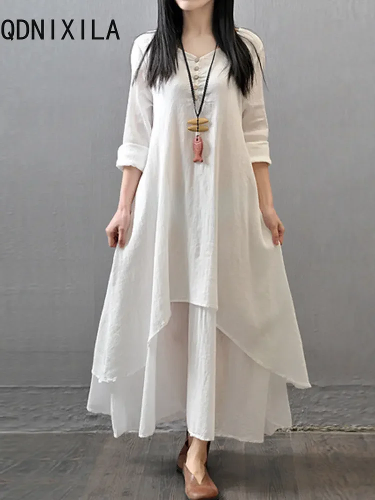 Korean Fashion White Dress Women 2024 Summer New Loose Long Sleeve  Elegant Women\'s Dresses O-Neck Casual Pocket Mid-Calf Skirt