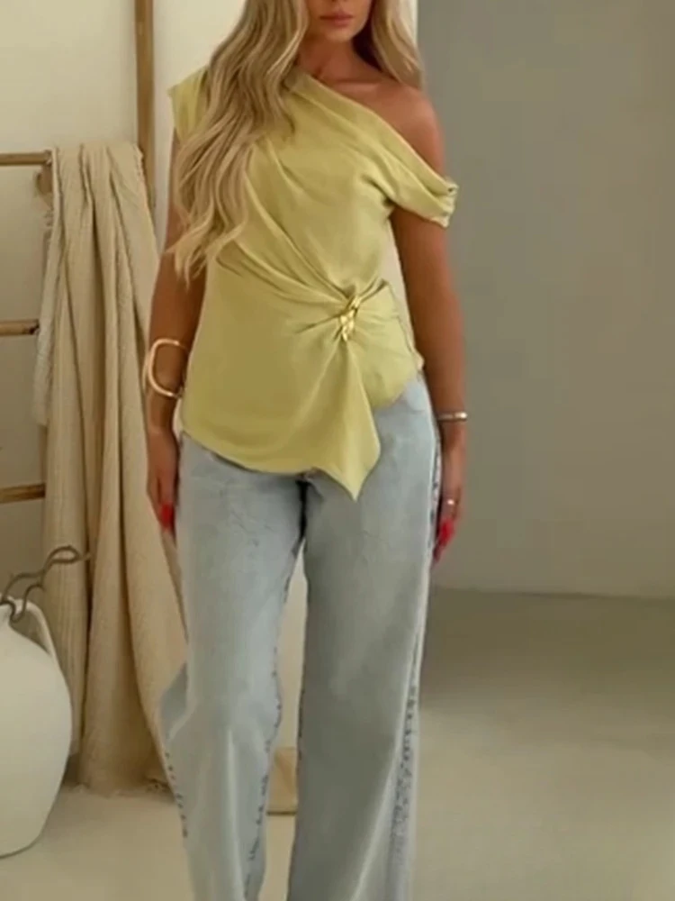 

KONDALA повседневные шикарные женские топы с однотонными складками, асимметричный топ без рукавов стандартного кроя, новая мода, весна-лето 2024, праздничный топ