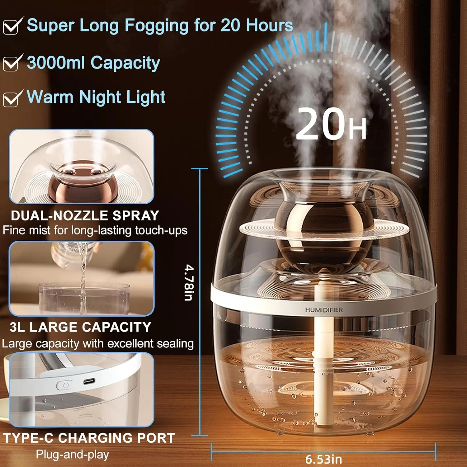 3L Quiet Cool Mist Humidifiers for Bedroom, 20H Runtime