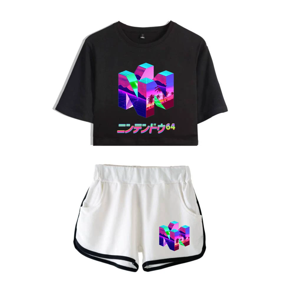 

Gamer N64 3D Digital Printing shorts and t-shirts women two piece sets Cosplay Costume crop top women clothing