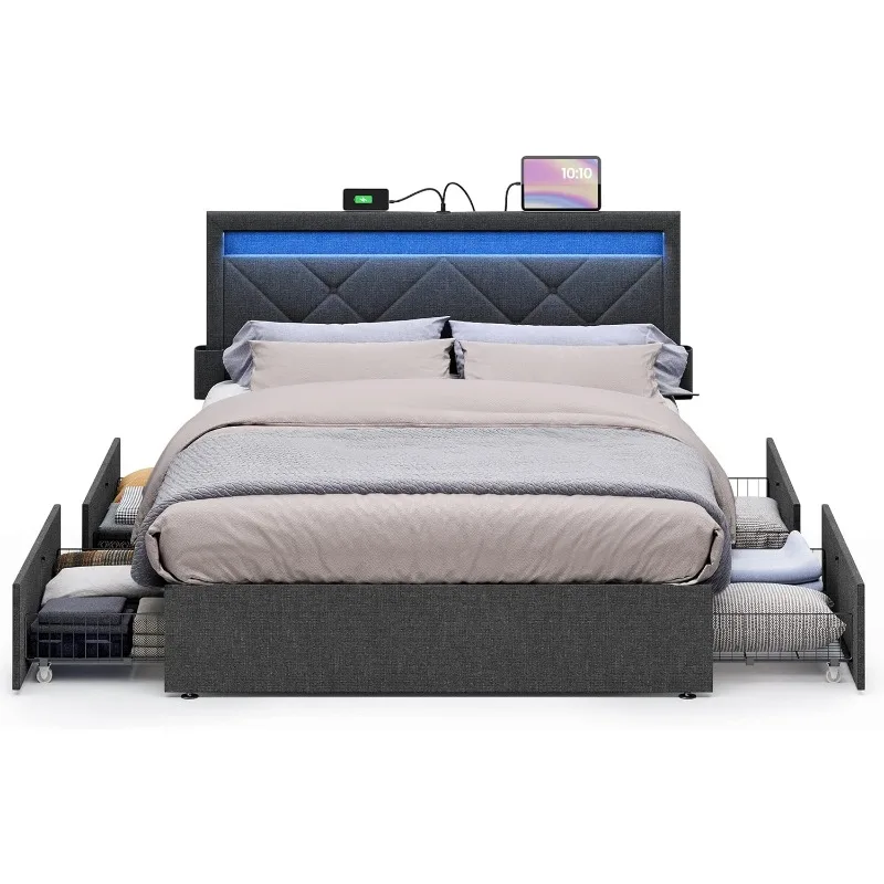 Bed Frame Full Size with Headboard and 4 Drawers, 1 USB Port and 1 Type C Port, Adjustable Upholstered Headboard