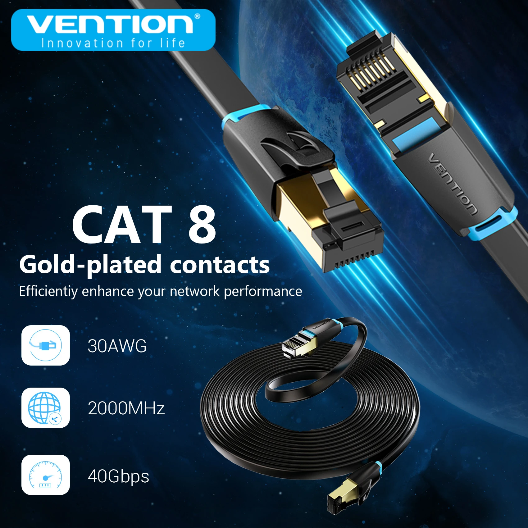 

Vention New! Flat CAT8 Ethernet Cable 40Gbps 2000MHz Double Shield Starlink Networking Internet RJ45 for PC Modem Router Laptop