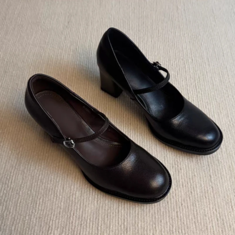 Zapatos de tacón alto para mujer, Zapatos de cuero gruesos y poco profundos a la moda, Zapatos de tacón para primavera 2026, vestido elegante de lujo para mujer