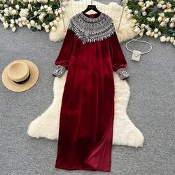 Elegant Long Sleeves Vintage O-Neck Chic Sequin Embroidered Beads Loose Split Velour Dresses French High Street Winter Clothing