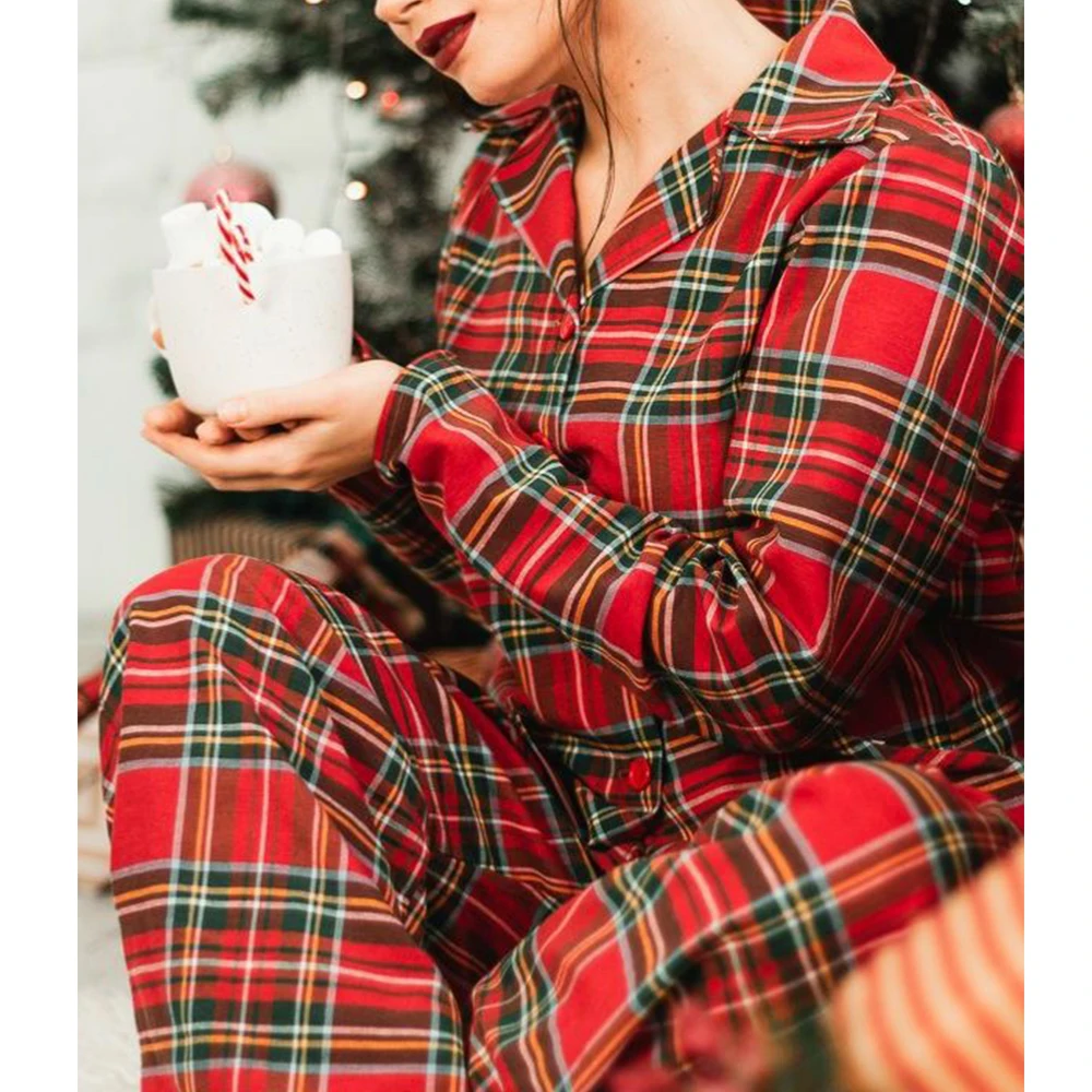 Moda feminina conjuntos de pijama de natal vermelho xadrez impressão manga longa botão turn-down colarinho camisas + calças pijamas roupas de natal