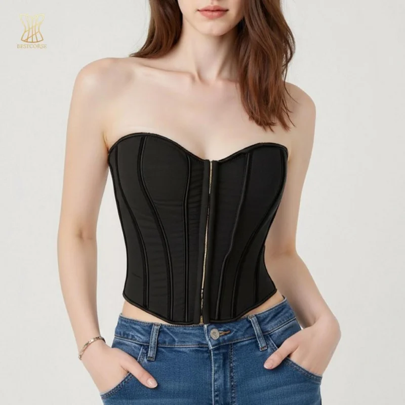 

Trendy Pink black overbust corset top With bone tummy control strapless Crop Top Women Clothing White korset Bustier