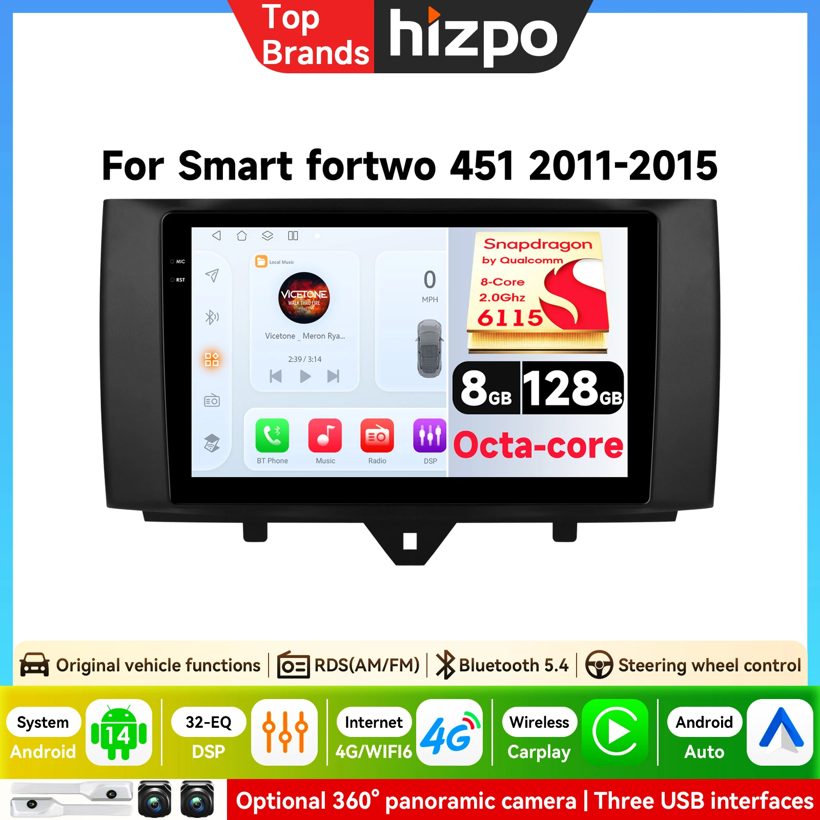 Autoradio con Schermo QLED e Carplay per Mercedes-Benz Smart Fortwo 451 2011-2015, BT WiFi Android Auto GPS Navigazione