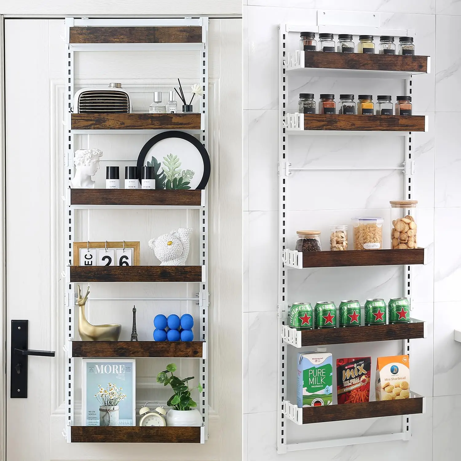 

Over-The-Door Organizer – 6-Tier Wooden Pantry Storage Shelf with 12 Hooks, Wall-Mount or Hanging Spice Rack for Kitche