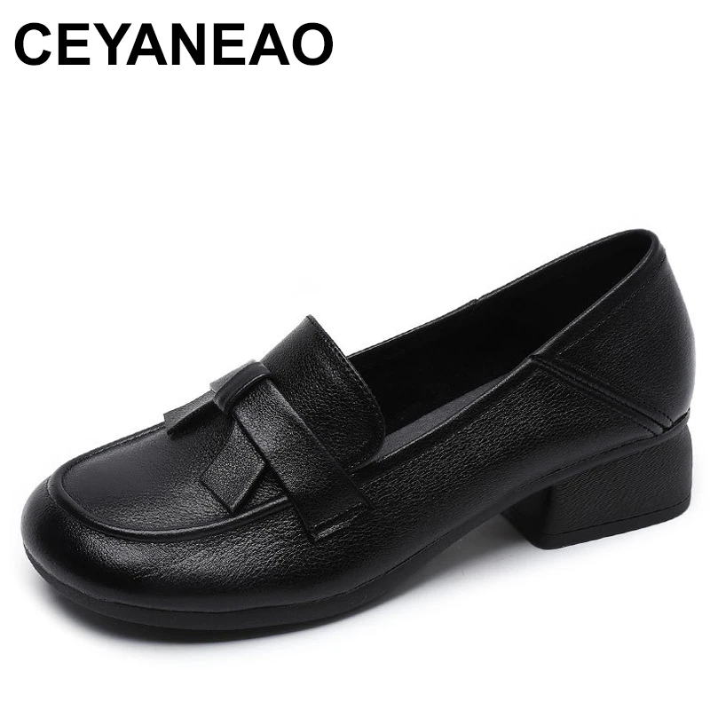 

Женские туфли из натуральной кожи, повседневная мягкая подошва, средний каблук, большие размеры, черные, коричневые, осень