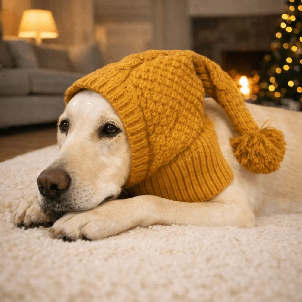 

Breathable Stretchy Dog Knitted Hat Cozy Ears Cover Pet Head Wrap with Ball Warm Neck Headband Protector Daily Use