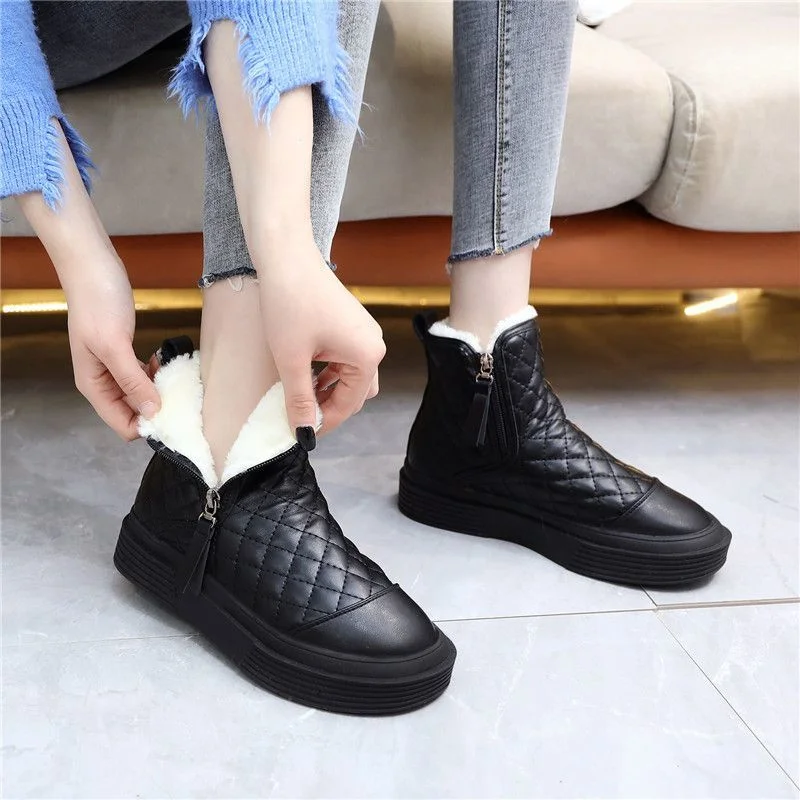 Chunky Autumn Booties Most Sold Half Winter 2024 Black Leather and Fur Leather Snow Boots Woman Hot Warm Footwear Women's Shoes