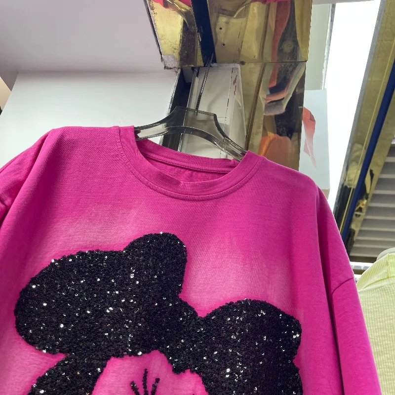 النمط الأوروبي أوائل ربيع 2026 المرأة Y2k تي شيرت جديد الثقيلة نحى الكرتون تنقش فضفاض منتصف طول بلايز البلوفرات #4