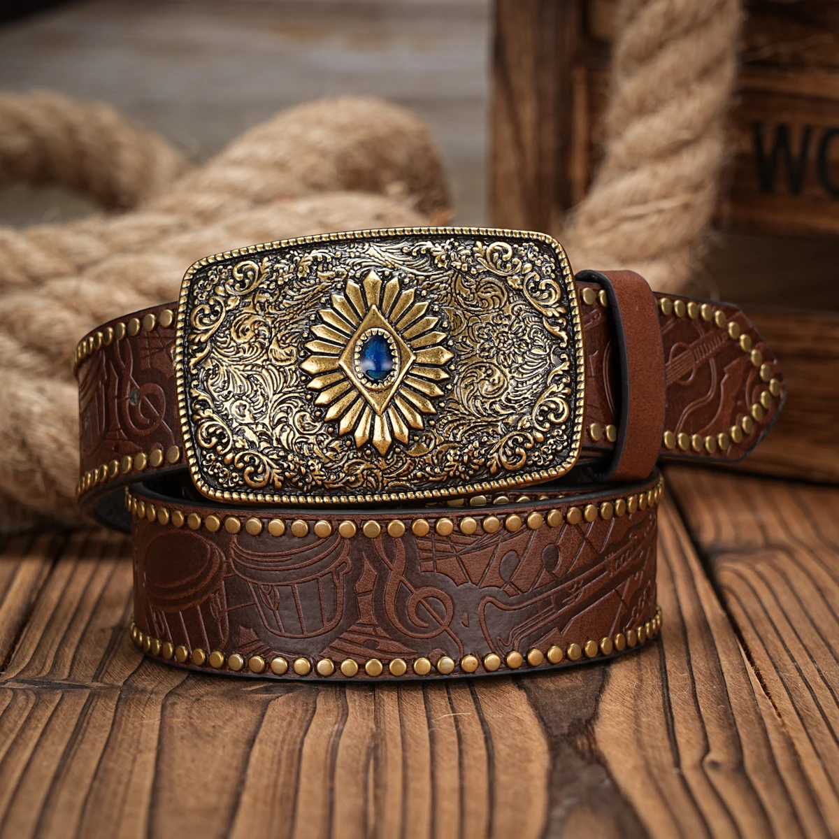 Men & Women-Western-Cowboy-PU Leather-Belts - Vintage horse Belt Floral Engraved Buckle Belt for Jeans