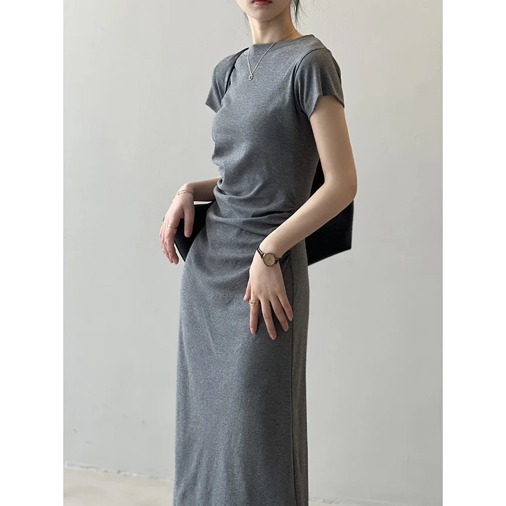 الصيف Bodycon فستان أنثى عادية مطوي سليم كم قصير س الرقبة فستان تي شيرت كوريا شيك خمر فستان سيدة