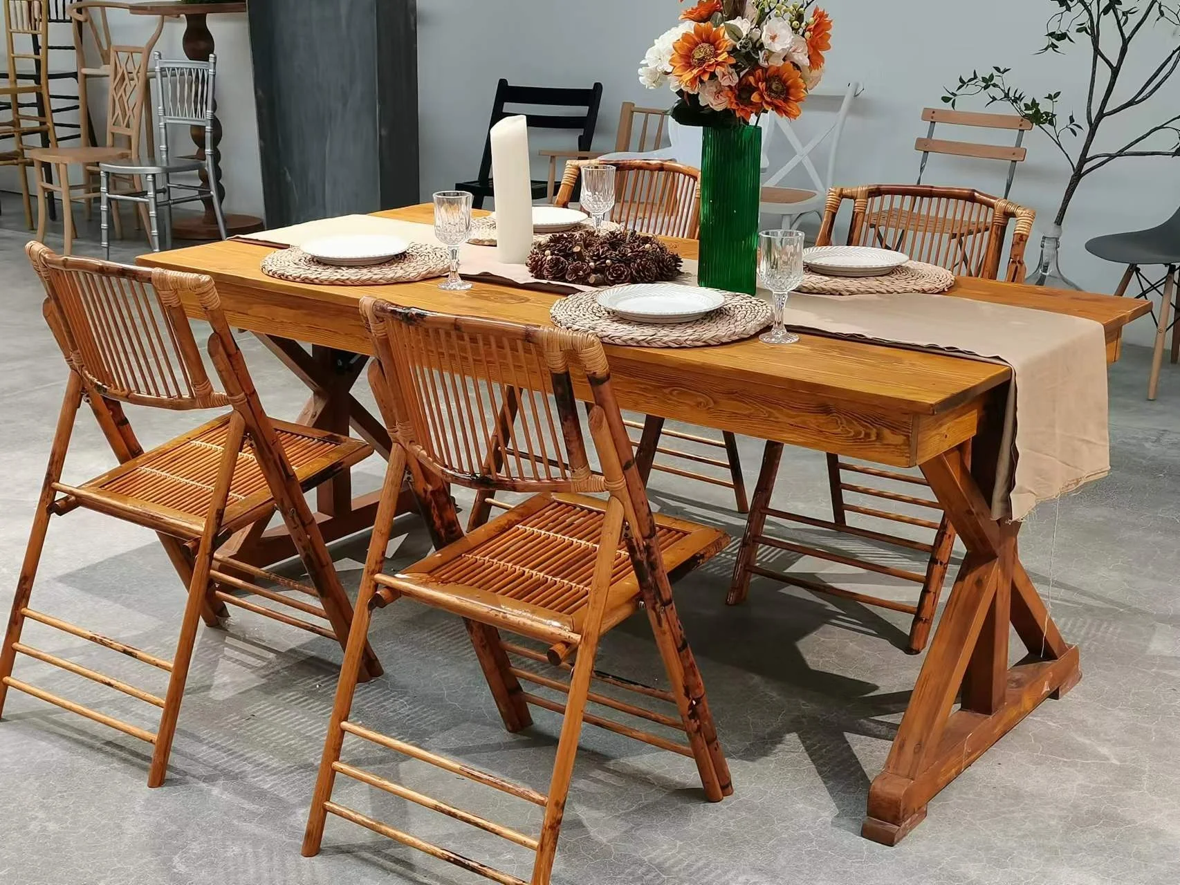 Factory Wholesale Antique Rustic Pine Wood Banquet Folding Farmhouse Table Cross Leg