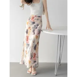 Temperament Fashion Elegant Summer Women's Zipper Printing Korean Office Lady High Waist Bag Hip Slim A-LINE Mid Fishtail Skirts